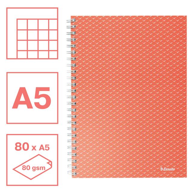 Caiet de birou Esselte Colour'Breeze, carton, reciclabil, certificare FSC, A5, 80 coli, cu spira, matematica, corai