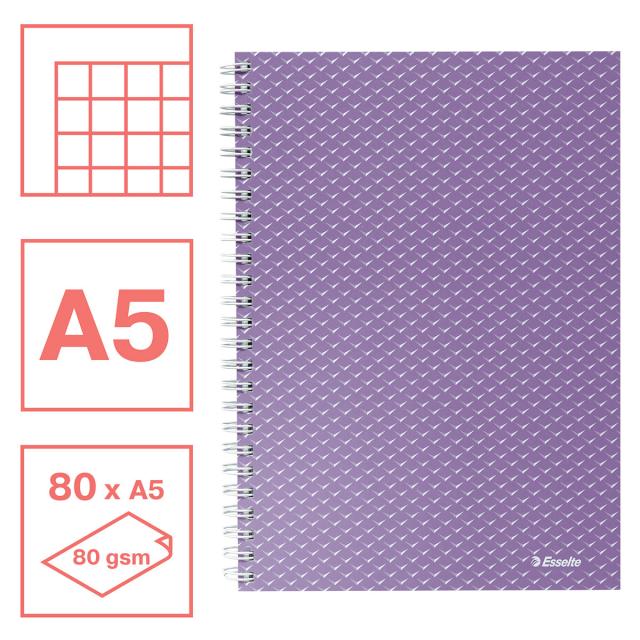 Caiet de birou Esselte Colour'Breeze, carton, reciclabil, certificare FSC, A5, 80 coli, cu spira, matematica, lavanda