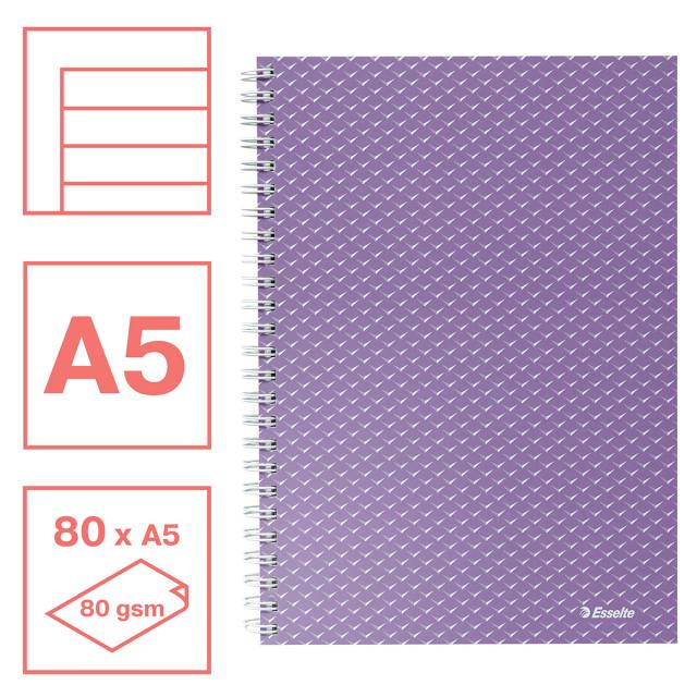 Caiet de birou Esselte Colour'Breeze, carton, reciclabil, certificare FSC, A5, 80 coli, cu spira, dictando, lavanda