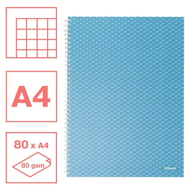 Caiet de birou Esselte Colour'Breeze, carton, reciclabil, certificare FSC, A4, 80 coli, cu spira, matematica, albastru 