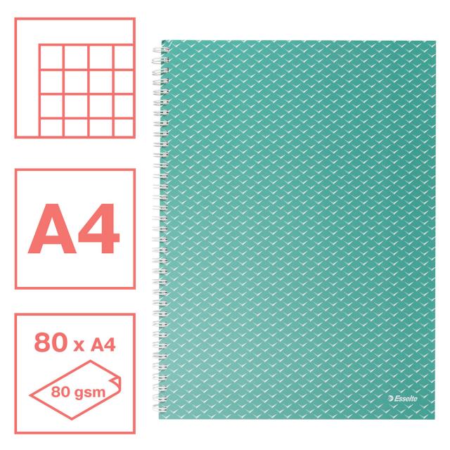 Caiet de birou Esselte Colour'Breeze, carton, reciclabil, certificare FSC, A4, 80 coli, cu spira, matematica, verde