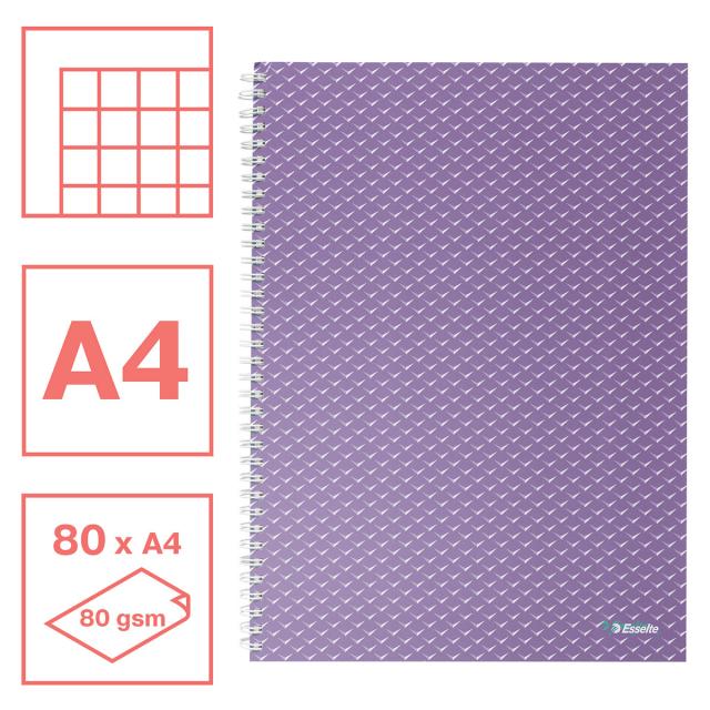 Caiet de birou Esselte Colour'Breeze, carton, reciclabil, certificare FSC, A4, 80 coli, cu spira, matematica, lavanda