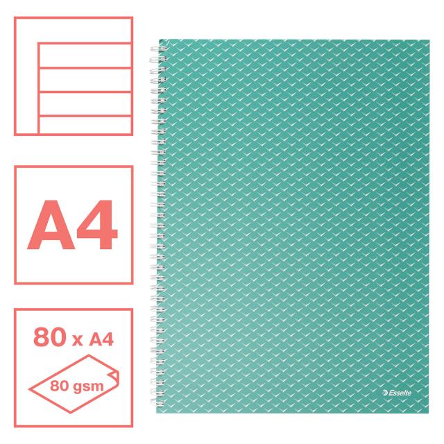 Caiet de birou Esselte Colour'Breeze, carton, reciclabil, certificare FSC, A4, 80 coli, cu spira, dictando, verde