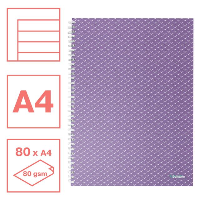 Caiet de birou Esselte Colour'Breeze, carton, reciclabil, certificare FSC, A4, 80 coli, cu spira, dictando, lavanda
