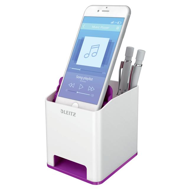 Suport instrumente de scris Leitz WOW, PS, cu amplificare sunet, culori duale, alb-mov