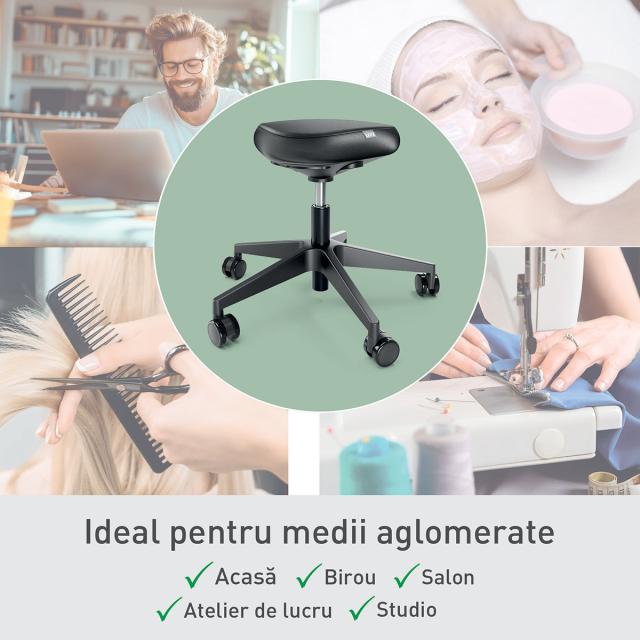 Scaun ergonomic Leitz Ergo, pozitie sezut/ in picioare, inaltime reglabila (46-59 cm), cu roti, sezut fix, negru