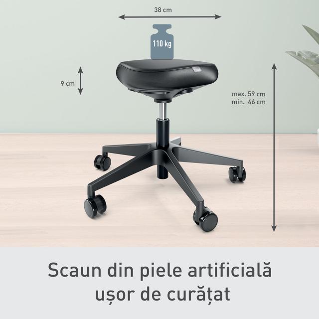 Scaun ergonomic Leitz Ergo, pozitie sezut/ in picioare, inaltime reglabila (46-59 cm), cu roti, sezut fix, negru