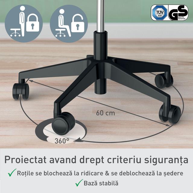 Scaun ergonomic Leitz Ergo, pozitie sezut/ in picioare, inaltime reglabila (46-59 cm), cu roti, sezut fix, negru