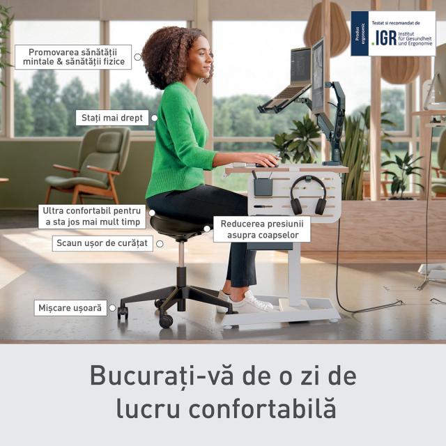 Scaun ergonomic Leitz Ergo, pozitie sezut/ in picioare, inaltime reglabila (46-59 cm), cu roti, sezut fix, negru