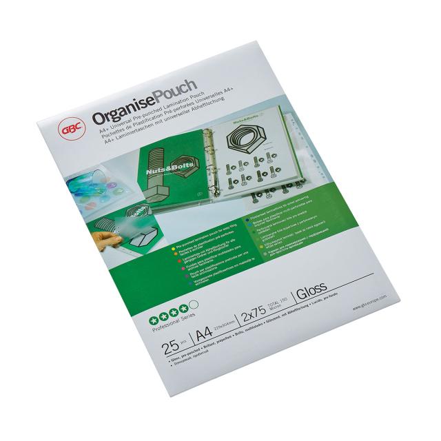 Folie laminare GBC, la cald, pre-perforata, A4+, 75 mic, 25 bucati/set