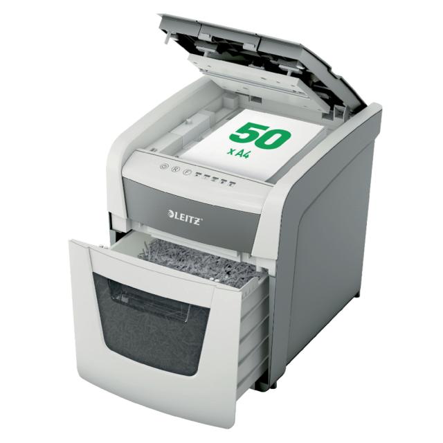 Distrugator documente automat Leitz IQ Small Office, P4, cross-cut, 50 coli, cos 20l, silentios, alb-gri