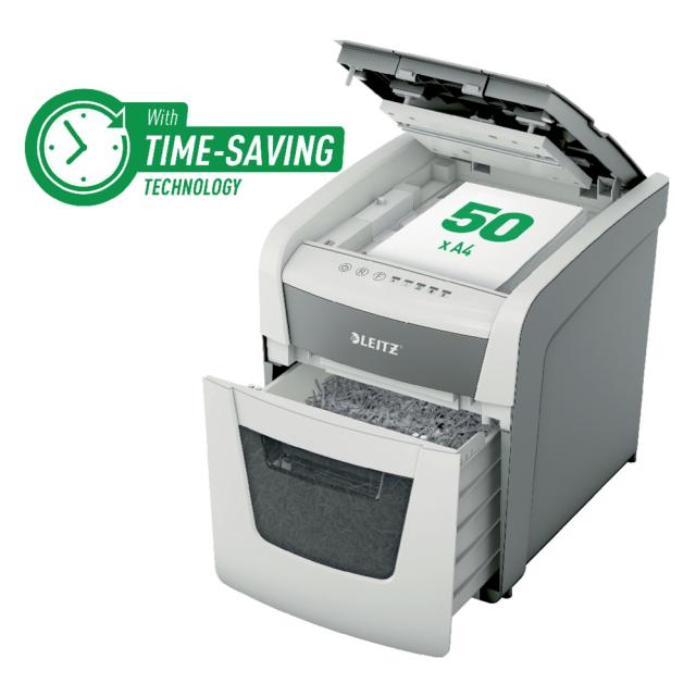 Distrugator documente automat Leitz IQ Small Office, P4, cross-cut, 50 coli, cos 20l, silentios, alb-gri