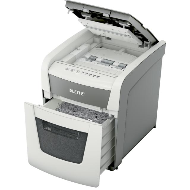 Distrugator documente automat Leitz IQ Small Office, P4, cross-cut, 50 coli, cos 20l, silentios, alb-gri