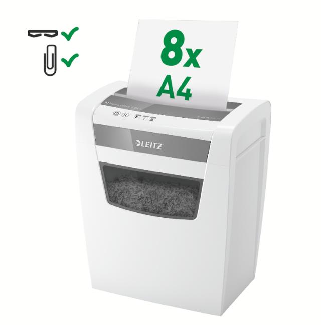 Distrugator documente manual Leitz IQ Home Office, P4, micro-cut (particule), 8 coli, cos 15l, silentios, alb-gri
