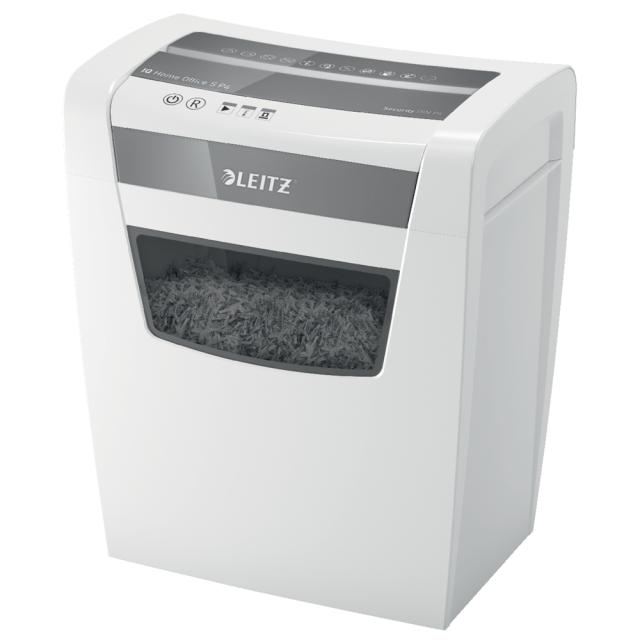 Distrugator documente manual Leitz IQ Home Office, P4, micro-cut (particule), 8 coli, cos 15l, silentios, alb-gri