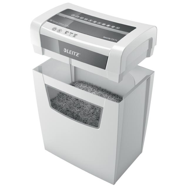 Distrugator documente manual Leitz IQ Home Office, P4, micro-cut (particule), 8 coli, cos 15l, silentios, alb-gri