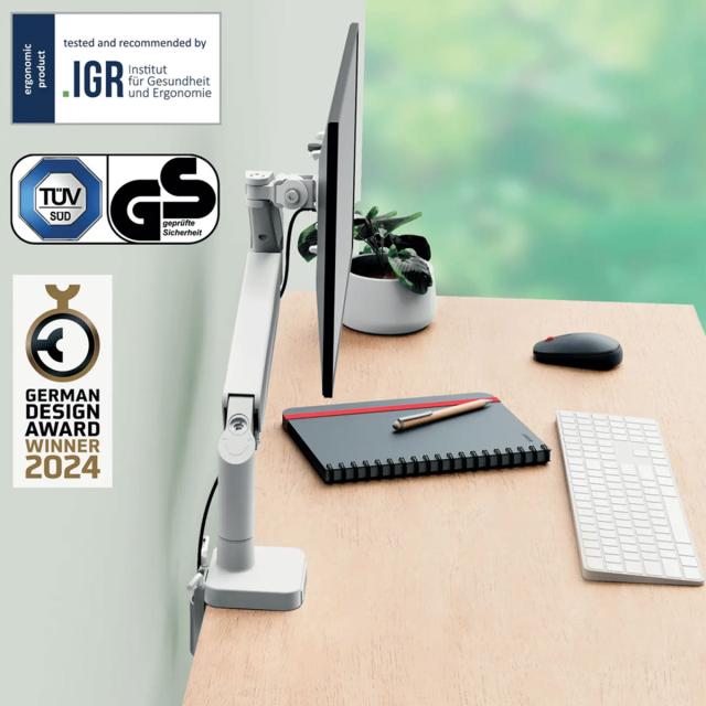 Suport pentru monitor Leitz Ergo, brat ajustabil si extensibil, cu fixare pe birou, gri-deschis