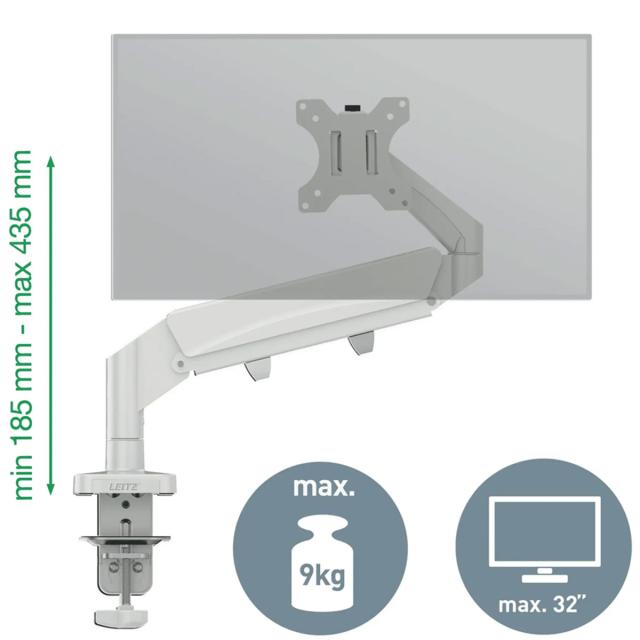 Suport pentru monitor Leitz Ergo, brat ajustabil si extensibil, cu fixare pe birou, gri-deschis