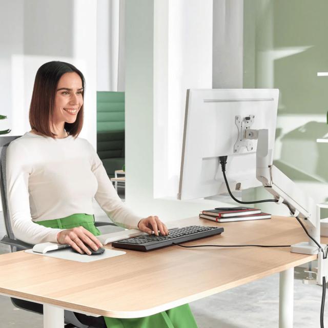 Suport pentru monitor Leitz Ergo, brat ajustabil si extensibil, cu fixare pe birou, gri-deschis