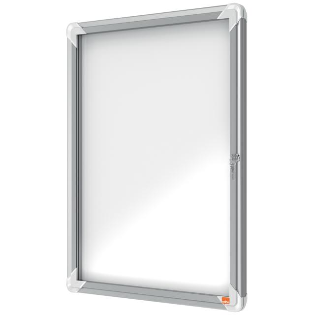 Avizier NOBO Premium Plus, exterior, otel emailat, 4x A4, cu usa si cheie, magnetic, alb