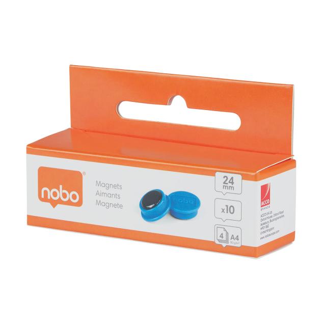 Magneti pentru table NOBO, diametru 24 mm, sustin 4 coli, 10 bucati/set, albastru