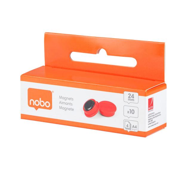 Magneti pentru table NOBO, diametru 24 mm, sustin 4 coli, 10 bucati/set, rosu