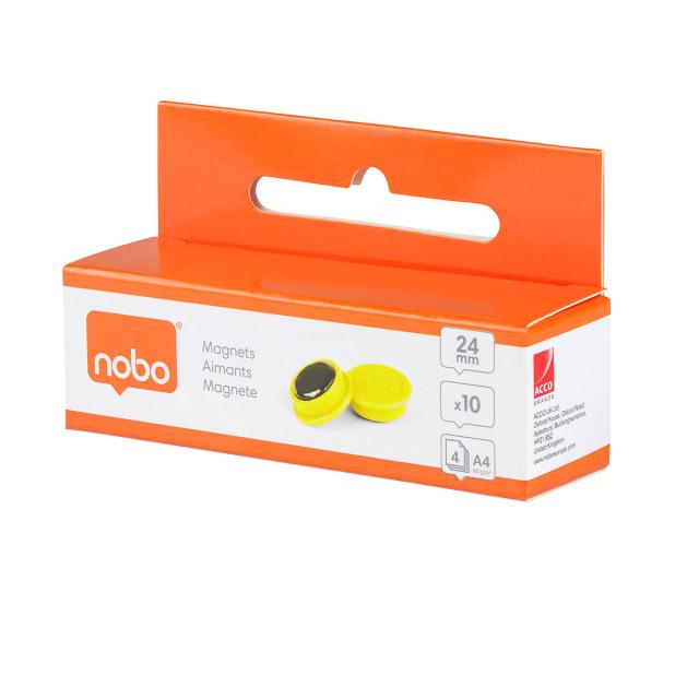 Magneti pentru table NOBO, diametru 24 mm, sustin 4 coli, 10 bucati/set, galben