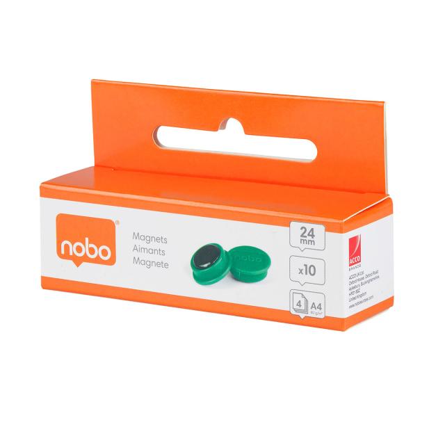 Magneti pentru table NOBO, diametru 24 mm, sustin 4 coli, 10 bucati/set, verde