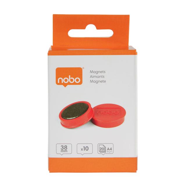 Magneti pentru table NOBO, diametru 38 mm, sustin 20 coli, 10 bucati/set, rosu
