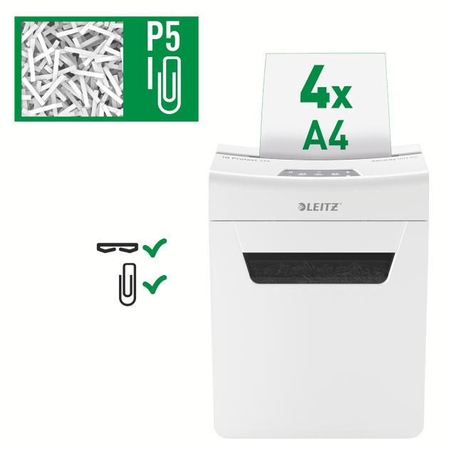 Distrugator documente manual Leitz IQ Protect 4M, P5, micro-cut (particule), 4 coli, cos 14l, alb