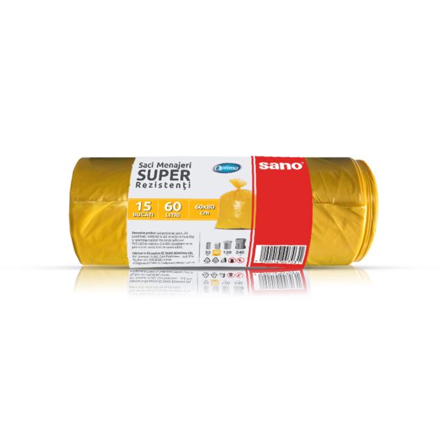 Saci menajeri LDPE, galben, 60L, 60x80 cm, 25 microni, 15 bucati/rola