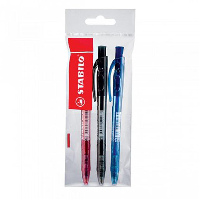 Set pix cu mecanism Stabilo Liner 308, 0.38 mm, plastic, 3 bucati/set, albastru, negru, rosu
