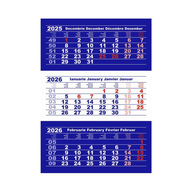 Calendar triptic de perete, 12 file, cursor montat, albastru