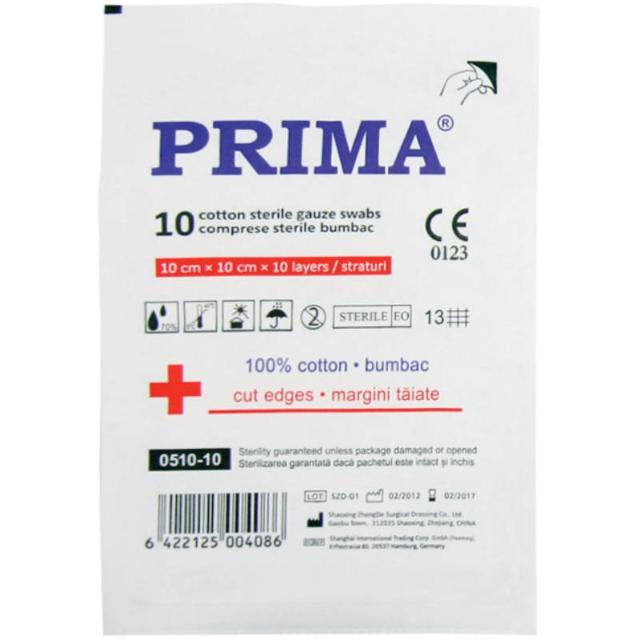 Comprese sterile tifon Prima 10x10 cm, 10 bucati, taiate plic