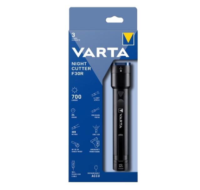 Lanterna LED reincarcabila Varta Night Cutter F30R, 700 lm, USB, Li-Ion 2600 mAh, IPX4