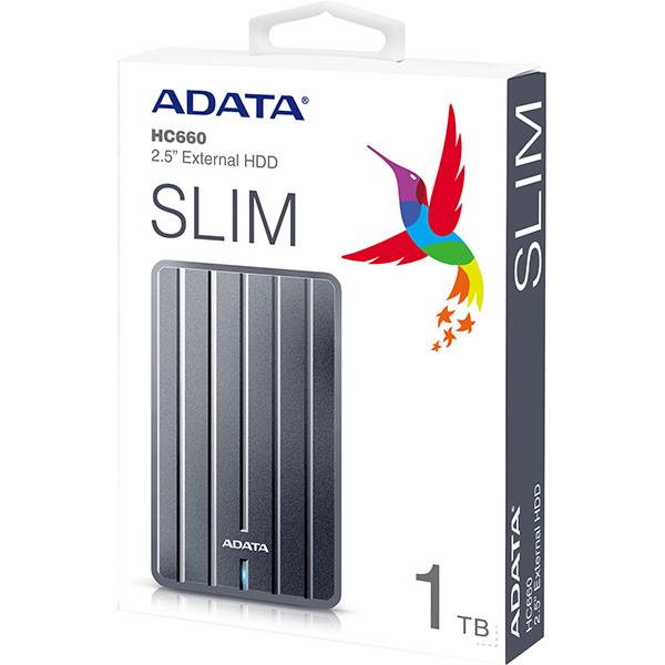 Hard Disk Drive portabil ADATA HC660 Slim, 2TB, USB 3.2 Gen1, titanium