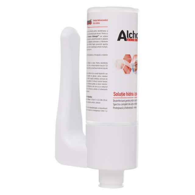 Suport plastic alb, pentru dezinfectant 450 ml, cu sistem antifurt, 4 bucati/set