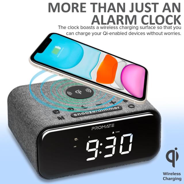 Boxa Bluetooth cu ceas si radio Promate Cayam Wireless, Gri, cu alarma