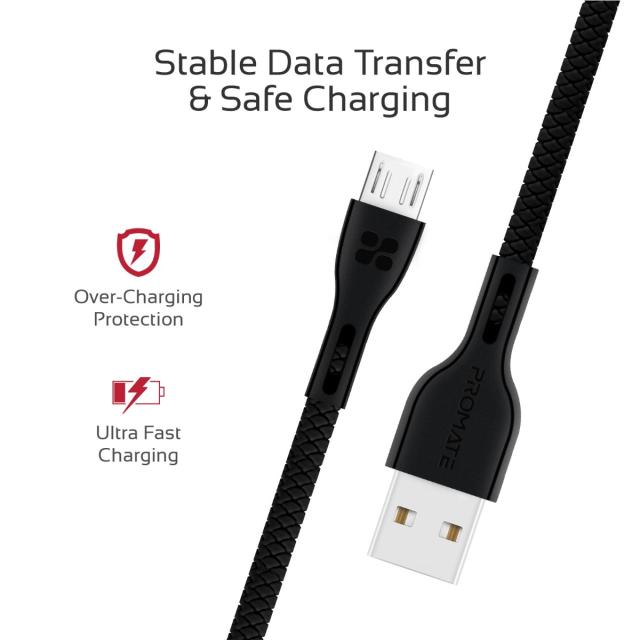 Cablu date Promate Powerbeam-M, microUSB, USB-A, Negru