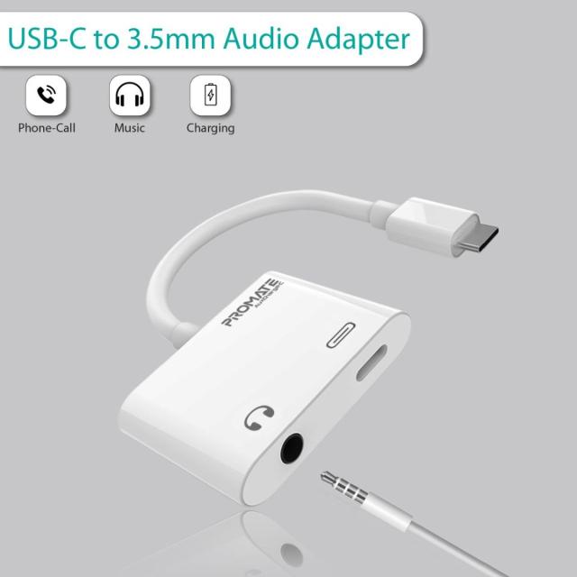 Adaptor audio Promate AUXCharge-C, jack 3.5 mm, type C, alb