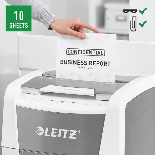Distrugator documente automat Leitz IQ Office, P4, cross-cut (confeti), 300 coli, cos 60l, alb-gri