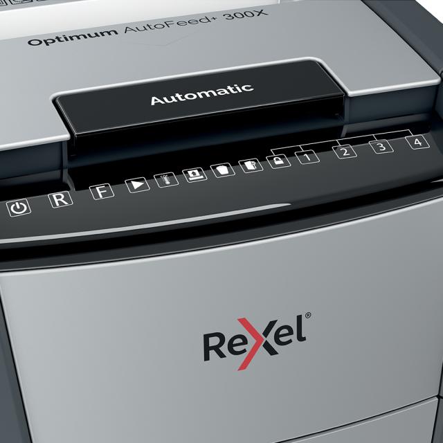Distrugator documente automat REXEL OPTIMUM 300X, P4, cross-cut (confeti), 300 coli, cos 60l, negru-gri