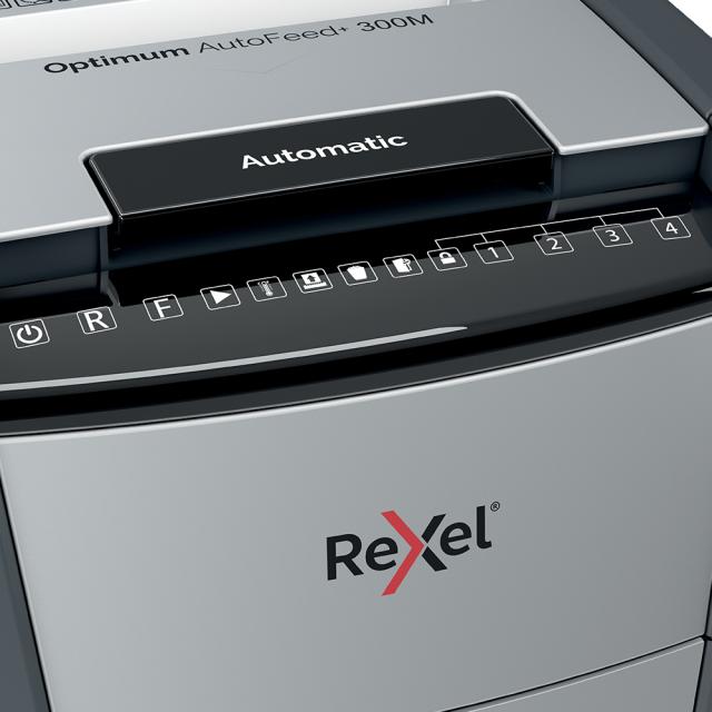 Distrugator documente automat REXEL OPTIMUM 300M, P5, micro-cut (particule), 300 coli, cos 60l, negru-gri