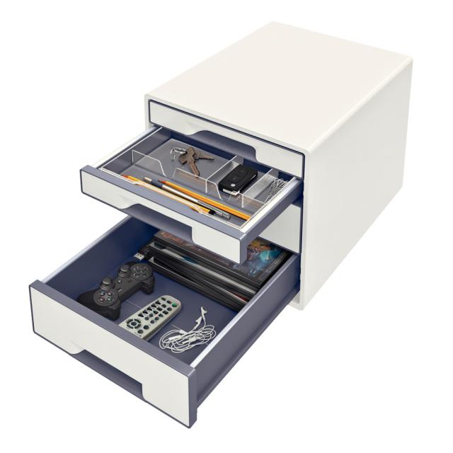 Cabinet cu sertare Leitz WOW, 4 sertare, PS, A4, cu tavita organizare, culori duale, alb-gri
