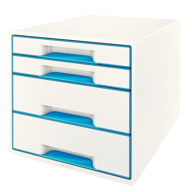 Cabinet cu sertare Leitz WOW, 4 sertare, PS, A4, cu tavita organizare, culori duale, alb-albastru