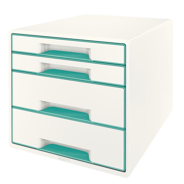 Cabinet cu sertare Leitz WOW, 4 sertare, PS, A4, cu tavita organizare, culori duale, alb-turcoaz
