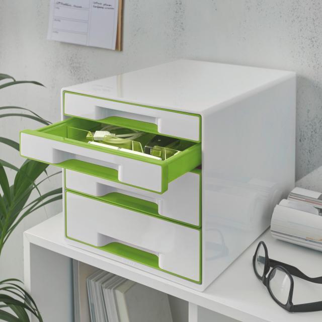 Cabinet cu sertare Leitz WOW, 4 sertare, PS, A4, cu tavita organizare, culori duale, alb-verde