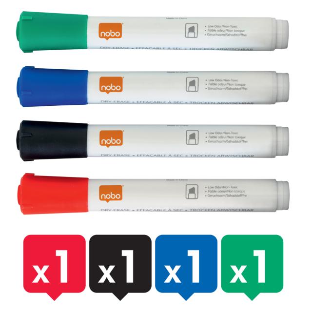 Kit pentru tabla NOBO, 4 markere diverse culori, burete magnetic, spray curatare 50 ml
