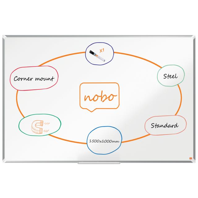 Tabla NOBO Premium Plus, otel lacuit, 150x100 cm, magnetica, include marker si tavita, alb