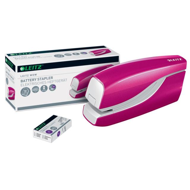 Capsator electric Leitz WOW NeXXt Series, cu baterii, 10 coli, 1000 capse e1 incluse, roz 